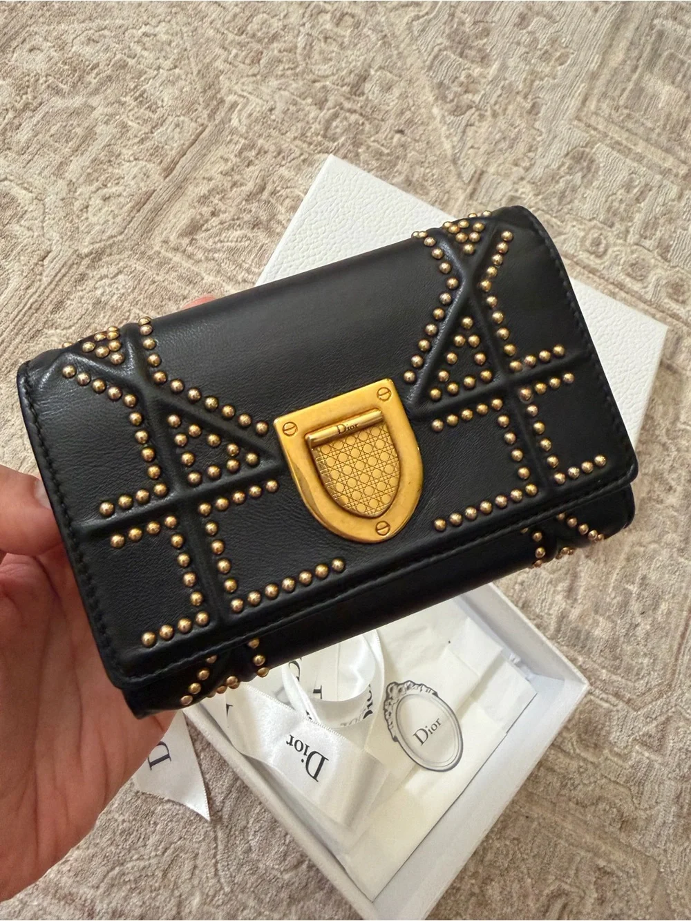 Authentic Dior Diorama Studded Black Leather Long Wallet w/ Box & Saks Receipt